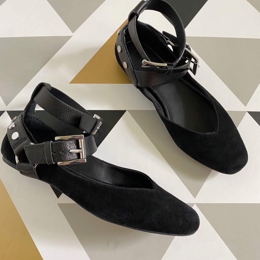 Rebecca Minkoff Vivica Harness Buckle Ballet Flats Black Suede 6.5